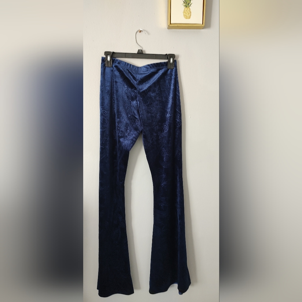 Pants Women Velour Friday Los Angeles  Wide Leg Medium Navy Blue Elastic Waist